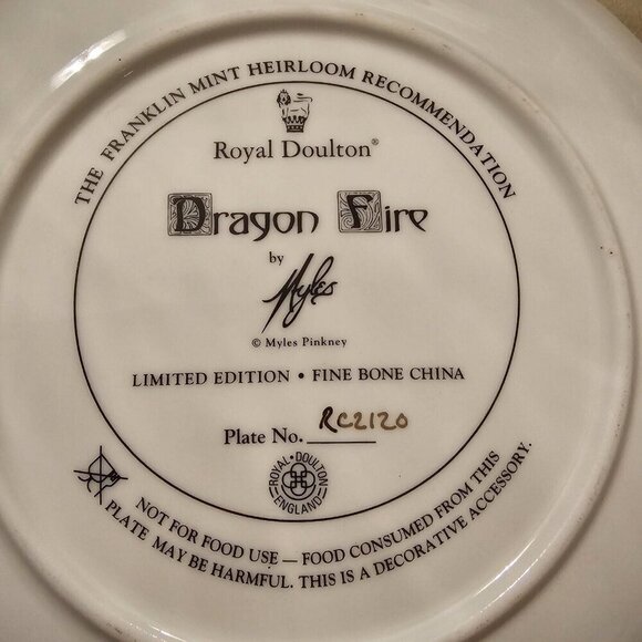 Vtg Franklin Mint DRAGON FIRE Myles Pinkney EDITION PLATE Royal Doulton Rc 2120 - Picture 5 of 9